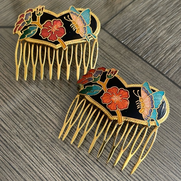 Vintage Accessories - Vintage Cloisonné Butterfly Heart & Flower Hair Combs